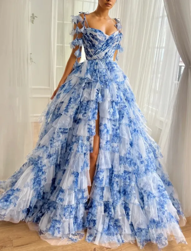 A-Line Prom Tiered Dresses Corsets Dress Semi Formal Wedding Floor Length Sleeveless Sweetheart Dress Organza Floral Print Ruched Details With High Slit Wedding Guest Dress
