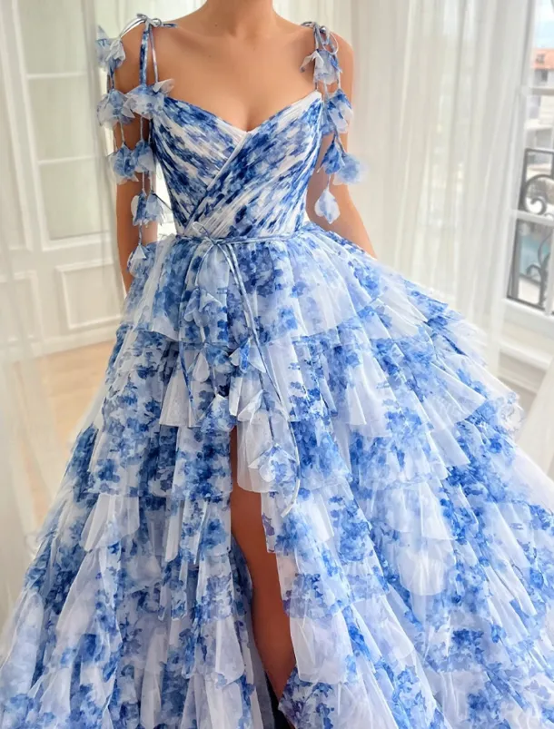 A-Line Prom Tiered Dresses Corsets Dress Semi Formal Wedding Floor Length Sleeveless Sweetheart Dress Organza Floral Print Ruched Details With High Slit Wedding Guest Dress