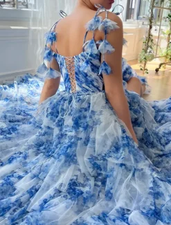 A-Line Prom Tiered Dresses Corsets Dress Semi Formal Wedding Floor Length Sleeveless Sweetheart Dress Organza Floral Print Ruched Details With High Slit Wedding Guest Dress