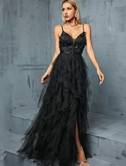 A-Line Quinceanera Dresses Elegant Dress Wedding Wedding Guest Floor Length Sleeveless V Neck Tulle Backless with Pleats Slit