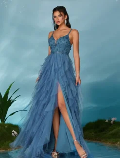 A-Line Quinceanera Dresses Elegant Dress Wedding Wedding Guest Floor Length Sleeveless V Neck Tulle Backless with Pleats Slit