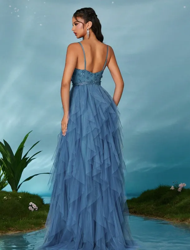 A-Line Quinceanera Dresses Elegant Dress Wedding Wedding Guest Floor Length Sleeveless V Neck Tulle Backless with Pleats Slit