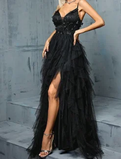 A-Line Quinceanera Dresses Elegant Dress Wedding Wedding Guest Floor Length Sleeveless V Neck Tulle Backless with Pleats Slit