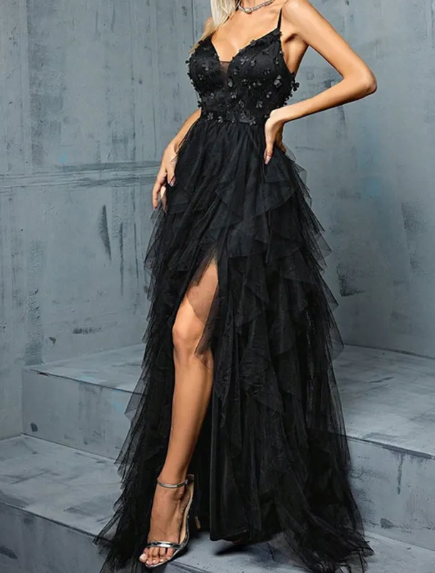 A-Line Quinceanera Dresses Elegant Dress Wedding Wedding Guest Floor Length Sleeveless V Neck Tulle Backless with Pleats Slit