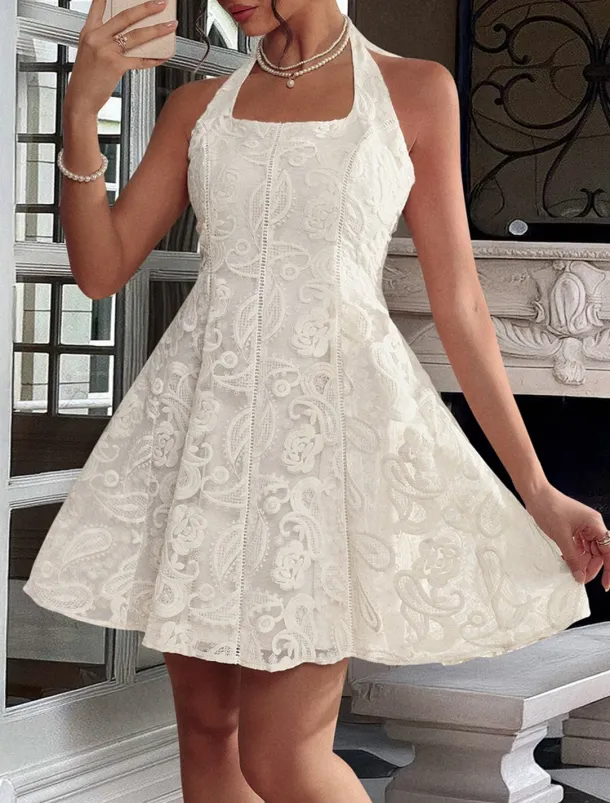 A-Line Quinceanera Dresses Elegant Dress Formal Wedding Short / Mini Sleeveless Halter Neck Lace Backless with Embroidery