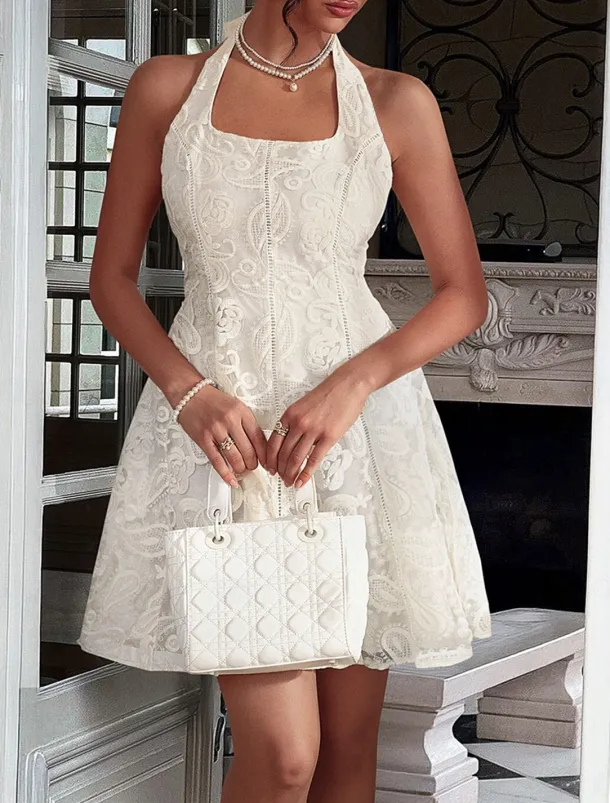 A-Line Quinceanera Dresses Elegant Dress Formal Wedding Short / Mini Sleeveless Halter Neck Lace Backless with Embroidery