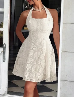 A-Line Quinceanera Dresses Elegant Dress Formal Wedding Short / Mini Sleeveless Halter Neck Lace Backless with Embroidery