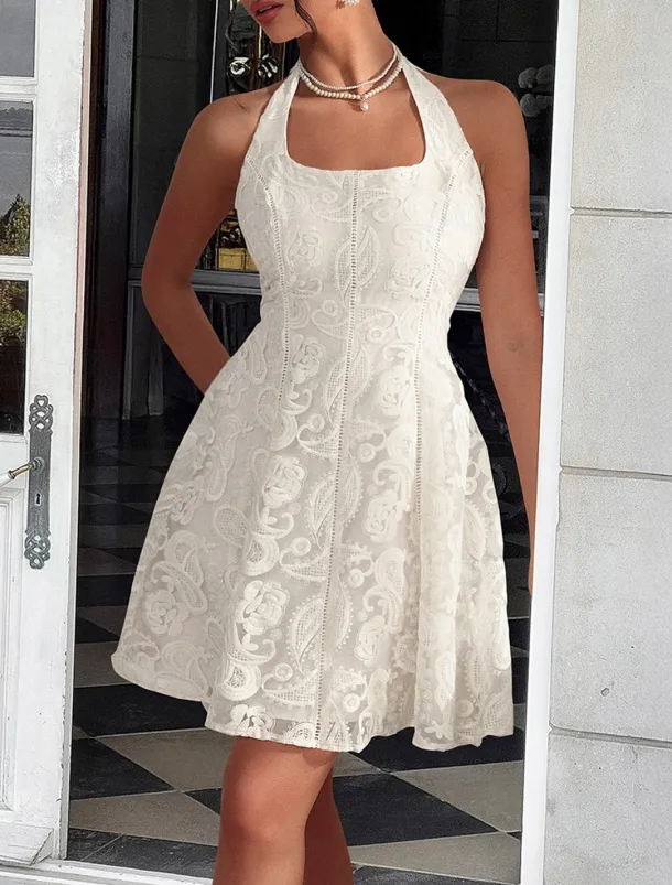 A-Line Quinceanera Dresses Elegant Dress Formal Wedding Short / Mini Sleeveless Halter Neck Lace Backless with Embroidery