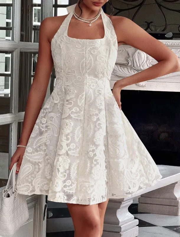 A-Line Quinceanera Dresses Elegant Dress Formal Wedding Short / Mini Sleeveless Halter Neck Lace Backless with Embroidery