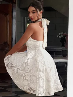 A-Line Quinceanera Dresses Elegant Dress Formal Wedding Short / Mini Sleeveless Halter Neck Lace Backless with Embroidery