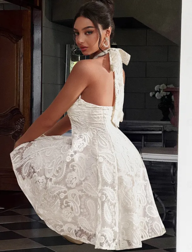 A-Line Quinceanera Dresses Elegant Dress Formal Wedding Short / Mini Sleeveless Halter Neck Lace Backless with Embroidery