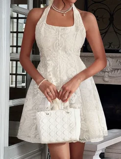 A-Line Quinceanera Dresses Elegant Dress Formal Wedding Short / Mini Sleeveless Halter Neck Lace Backless with Embroidery