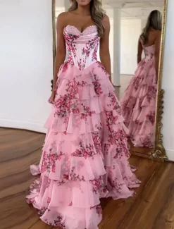 A-Line Quinceanera Dresses Corset Tiered Dress Wedding Wedding Guest Floor Length Sleeveless Strapless Chiffon Backless with Floral Print Wedding Guest Dress