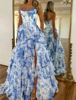 A-Line Quinceanera Dresses Corset Tiered Dress Wedding Wedding Guest Floor Length Sleeveless Strapless Chiffon Backless with Floral Print Wedding Guest Dress