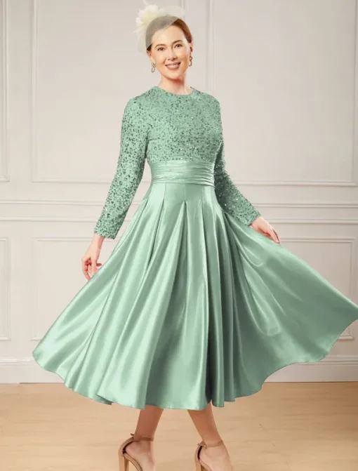 A-Line Sequin Cocktail Dresses Elegant Dress Wedding Guest Tea Length Long Sleeve Jewel Neck Satin with Pleats Dresses
