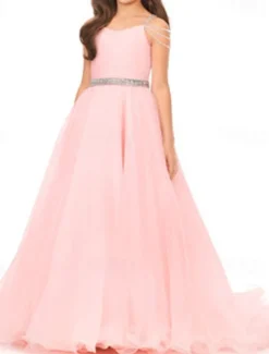 A-Line Sweep / Brush Train Flower Girl Dress Pageant & Performance Juniors Cute Prom Dress Organza with Sash / Ribbon Open Back Fit 3-16 Years dress to impress