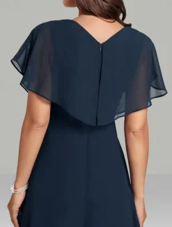 A-Line Wedding Guest Dresses Elegant Dress Semi Formal Tea Length Short Sleeve V Neck Belt / Sash Chiffon with Beading