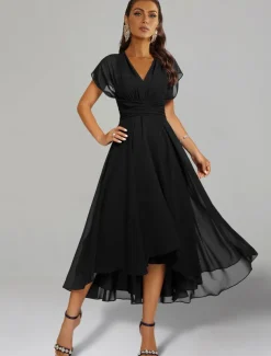 A-Line Wedding Guest Dresses Elegant Dress Formal Wedding Party Tea Length Sleeveless One Shoulder Fall Wedding Guest Chiffon with Ruched