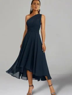A-Line Wedding Guest Dresses Elegant Dress Formal Wedding Party Tea Length Sleeveless One Shoulder Fall Wedding Guest Chiffon with Ruched