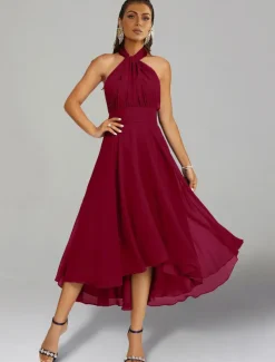 A-Line Wedding Guest Dresses Elegant Dress Formal Wedding Party Tea Length Sleeveless One Shoulder Fall Wedding Guest Chiffon with Ruched