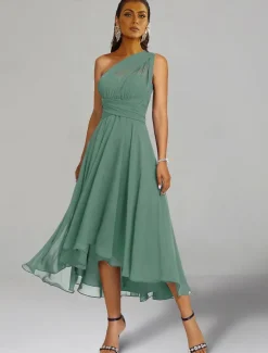 A-Line Wedding Guest Dresses Elegant Dress Formal Wedding Party Tea Length Sleeveless One Shoulder Fall Wedding Guest Chiffon with Ruched