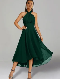 A-Line Wedding Guest Dresses Elegant Dress Formal Wedding Party Tea Length Sleeveless One Shoulder Fall Wedding Guest Chiffon with Ruched