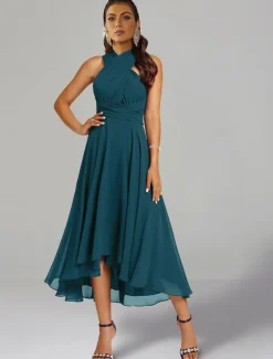 A-Line Wedding Guest Dresses Elegant Dress Formal Wedding Party Tea Length Sleeveless One Shoulder Fall Wedding Guest Chiffon with Ruched