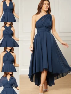 A-Line Wedding Guest Dresses Elegant Dress Formal Wedding Party Tea Length Sleeveless One Shoulder Fall Wedding Guest Chiffon with Ruched
