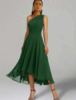 A-Line Wedding Guest Dresses Elegant Dress Formal Wedding Party Tea Length Sleeveless One Shoulder Fall Wedding Guest Chiffon with Ruched