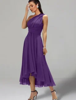 A-Line Wedding Guest Dresses Elegant Dress Formal Wedding Party Tea Length Sleeveless One Shoulder Fall Wedding Guest Chiffon with Ruched