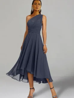 A-Line Wedding Guest Dresses Elegant Dress Formal Wedding Party Tea Length Sleeveless One Shoulder Fall Wedding Guest Chiffon with Ruched