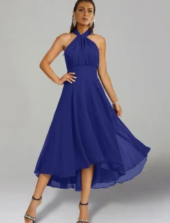 A-Line Wedding Guest Dresses Elegant Dress Formal Wedding Party Tea Length Sleeveless One Shoulder Fall Wedding Guest Chiffon with Ruched