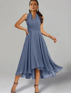 A-Line Wedding Guest Dresses Elegant Dress Formal Wedding Party Tea Length Sleeveless One Shoulder Fall Wedding Guest Chiffon with Ruched