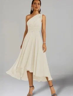 A-Line Wedding Guest Dresses Elegant Dress Formal Wedding Party Tea Length Sleeveless One Shoulder Fall Wedding Guest Chiffon with Ruched