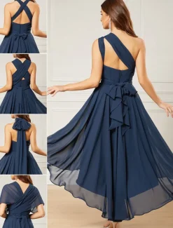 A-Line Wedding Guest Dresses Elegant Dress Formal Wedding Party Tea Length Sleeveless One Shoulder Fall Wedding Guest Chiffon with Ruched