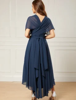 A-Line Wedding Guest Dresses Elegant Dress Formal Wedding Party Tea Length Sleeveless One Shoulder Fall Wedding Guest Chiffon with Ruched