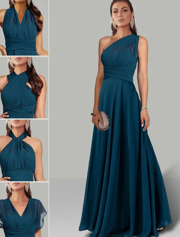 A-Line Wedding Guest Dresses Infinity Dress Wedding Party Summer Floor Length Short Sleeve Halter Neck Convertible Chiffon with Ruched