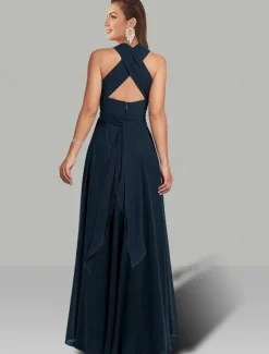 A-Line Wedding Guest Dresses Infinity Dress Wedding Party Summer Floor Length Short Sleeve Halter Neck Convertible Chiffon with Ruched