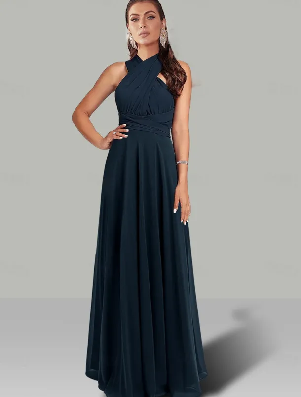 A-Line Wedding Guest Dresses Infinity Dress Wedding Party Summer Floor Length Short Sleeve Halter Neck Convertible Chiffon with Ruched