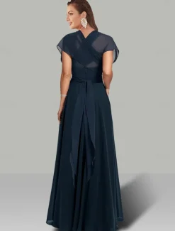 A-Line Wedding Guest Dresses Infinity Dress Wedding Party Summer Floor Length Short Sleeve Halter Neck Convertible Chiffon with Ruched