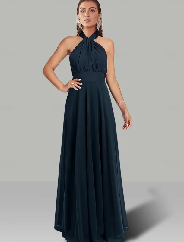 A-Line Wedding Guest Dresses Infinity Dress Wedding Party Summer Floor Length Short Sleeve Halter Neck Convertible Chiffon with Ruched