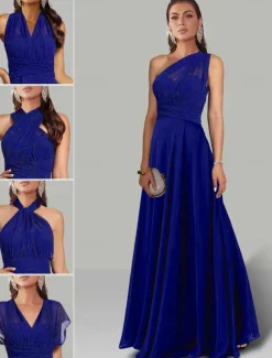 A-Line Wedding Guest Dresses Infinity Dress Wedding Party Summer Floor Length Short Sleeve Halter Neck Convertible Chiffon with Ruched