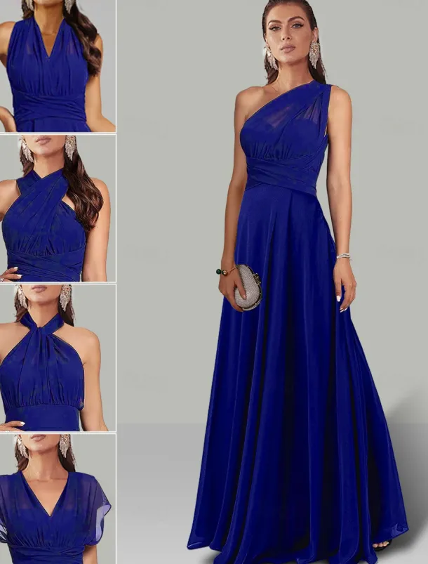 A-Line Wedding Guest Dresses Infinity Dress Wedding Party Summer Floor Length Short Sleeve Halter Neck Convertible Chiffon with Ruched