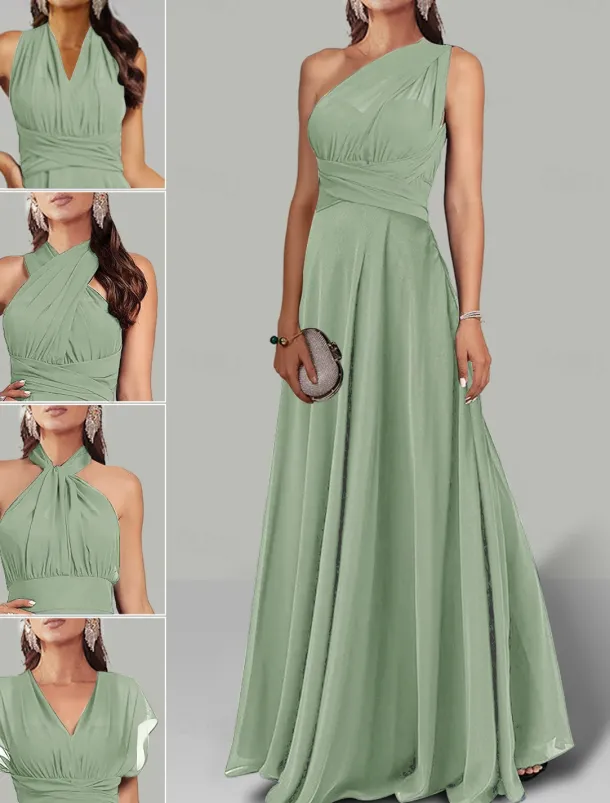 A-Line Wedding Guest Dresses Infinity Dress Wedding Party Summer Floor Length Short Sleeve Halter Neck Convertible Chiffon with Ruched