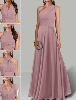A-Line Wedding Guest Dresses Infinity Dress Wedding Party Summer Floor Length Short Sleeve Halter Neck Convertible Chiffon with Ruched