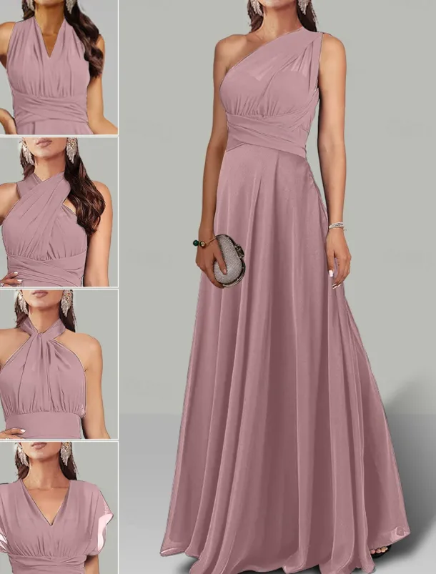 A-Line Wedding Guest Dresses Infinity Dress Wedding Party Summer Floor Length Short Sleeve Halter Neck Convertible Chiffon with Ruched