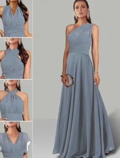A-Line Wedding Guest Dresses Infinity Dress Wedding Party Summer Floor Length Short Sleeve Halter Neck Convertible Chiffon with Ruched