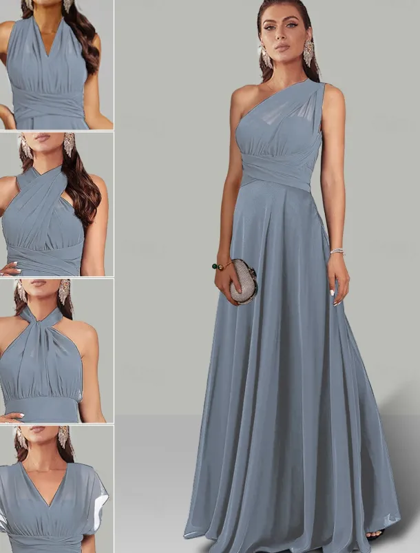 A-Line Wedding Guest Dresses Infinity Dress Wedding Party Summer Floor Length Short Sleeve Halter Neck Convertible Chiffon with Ruched