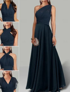 A-Line Wedding Guest Dresses Infinity Dress Wedding Party Summer Floor Length Short Sleeve Halter Neck Convertible Chiffon with Ruched
