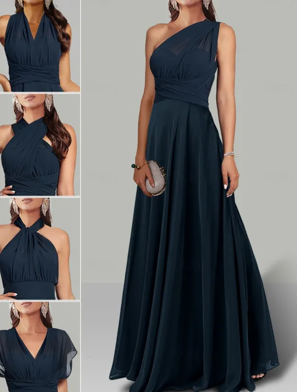 A-Line Wedding Guest Dresses Infinity Dress Wedding Party Summer Floor Length Short Sleeve Halter Neck Convertible Chiffon with Ruched
